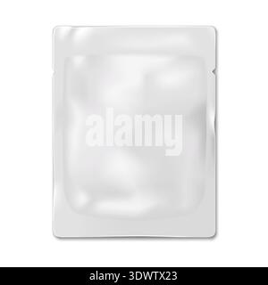 Blank white sachet packet with tear notches vector mock-up. Plastic, paper or foil pouch template. Food, medical or cosmetic product package Stock Vector