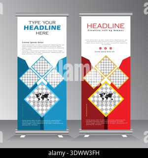 Red roll up banner design template, Blue roll up banner design template, vertical banner template design for business, 4 space for images, standee. Stock Vector