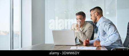 Two happy busy professional business men working using laptop in office. Stock Photo