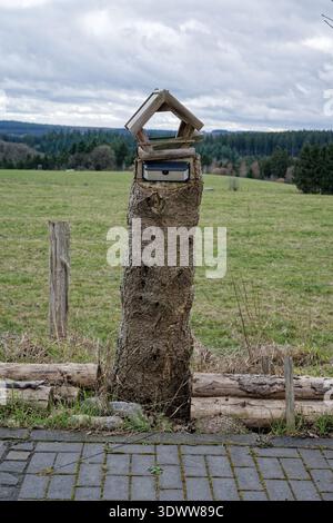 A rustic wooden birdhouse mounted on a weathered tree stump beside a country path, set against grassy pasture and distant evergreen forest beneath Stock Photo