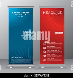 Roll up banner design, abstract vertical banner template with red and blue colour, vector eps 10 Stock Vector