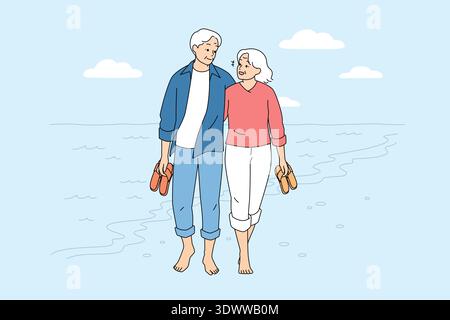 Elderly Pair Strolling By Sea. Couple Of Senior Teachers Enjoy Calm Beach Stroll With Happy Expressions Stock Vector