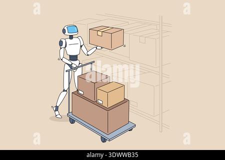 Automated Robot Managing Packaging Process. Selfoperating Machine Arranging Boxes On Shelves Stock Vector