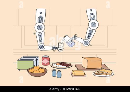 Automated Machines Craft Morning Meal. Robotic Systems Skillfully Make Breakfast In Stylish Kitchen Stock Vector