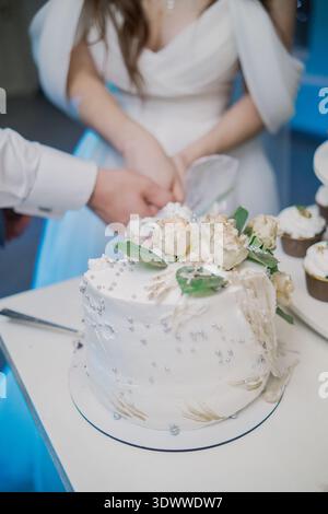 Newlyweds cutting the cake at a wedding Stock Photo