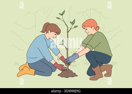 Volunteers Cultivate Young Trees Together. Kneeling Volunteers Plant Saplings With Tools And Smiles Stock Vector