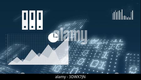 Displaying faint data overlay with area chart grid, pie icon, binders, binary matrix in dashboard Stock Photo