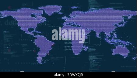 Displaying stylized world map graphic spanning digital dashboard, with glowing data nodes and code Stock Photo