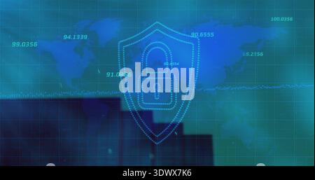 Displaying dotted shield with padlock on virtual UI showing world map, grid, waveform, telemetry Stock Photo