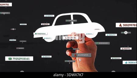 Pinching female right hand wearing light sleeve holding white car cutout on dark backdrop with tags Stock Photo