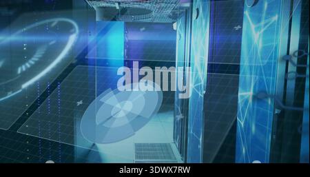 Glowing server racks lining right side, showing raised floor vents and AR overlays in server room Stock Photo