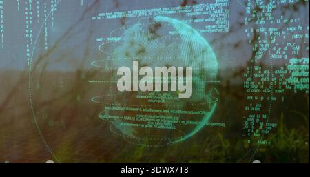 Floating teal-green holographic globe hovering over outdoor scene, showing dotted mesh, rings, code Stock Photo