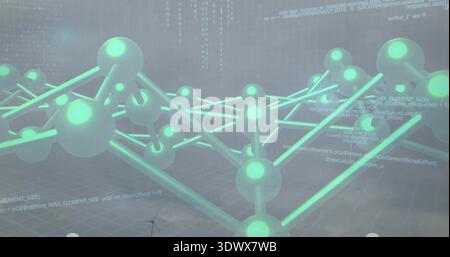 Displaying glowing teal nodes and lit rods forming lattice above hazy seascape with code, turbine Stock Photo