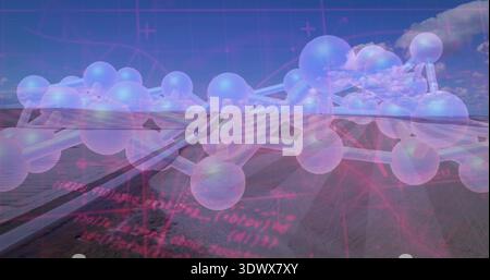 Floating molecular model hovering above long road across grassy plain, showing pink code overlays Stock Photo