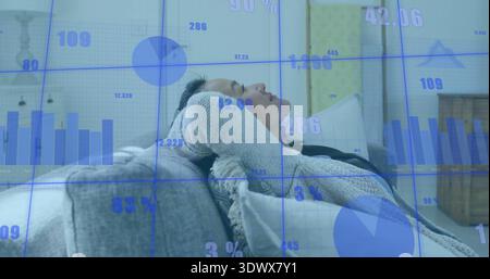 Reclining woman wearing knit sweater leaning back in living room on light sofa, with data overlays Stock Photo