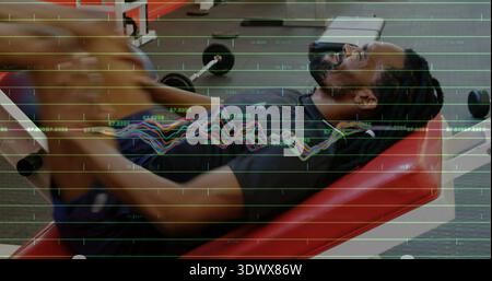 Lifting braided man wearing dark shirt pressing barbell on red bench at gym, waveform overlay Stock Photo