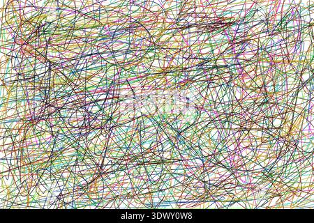 The chaotic color pattern consists of lines of strokes and circles.Abstract drawing with a ballpoint pen on paper. Stock Photo