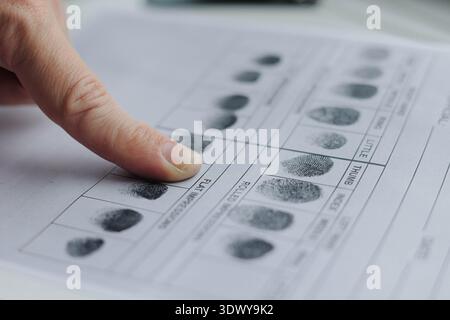 Fingerprinting process on an identification card. Biometric data collection, forensic analysis and personal identification used in law enforcement. Stock Photo