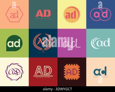 AD logo company template. Letter a and d logotype. Set different classic serif lettering and modern bold text with design elements. Initial font typog Stock Vector