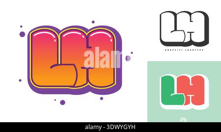 LH logo design for festival or party. Initial letter l and h in graffiti style. Creative modern lettering company name of font typography. Kids trendy Stock Vector