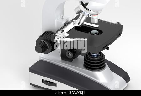 A microscope is set up on a lab bench. It has a stage to hold slides and three objective lenses. The equipment is used for viewing tiny samples. It is Stock Photo