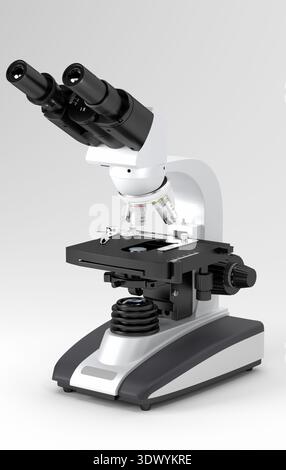 A microscope is placed on a clean laboratory table. It has two eyepieces and various lenses. The setup shows readiness for examining biological sample Stock Photo