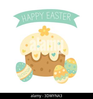 Pastel Easter cupcake with creamy frosting, sprinkles and banner, cute spring bakery illustration perfect for holiday greeting cards and festive blog Stock Vector