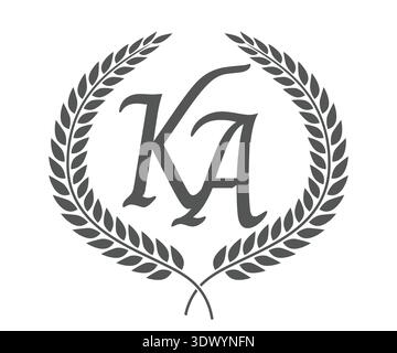 Initial letter K and A, KA monogram logo design with laurel wreath. Luxury emblem with calligraphy font. Stock Vector