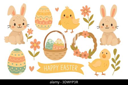 Charming Easter set with bunny, decorated eggs, basket, wreath and flowers, soft pastel spring collection for greeting cards, invitations and blog Stock Vector