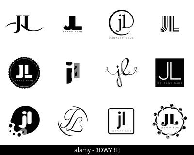 JL logo company template. Letter j and l logotype. Set different classic serif lettering and modern bold text with design elements. Initial font typog Stock Vector