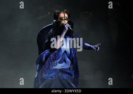 Bjork performs during the Brit Awards 2026 in Manchester, England ...