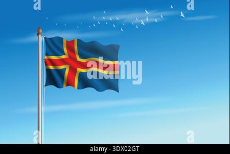 flag flying in the sky against the backdrop of a flock of birds. Stock Vector