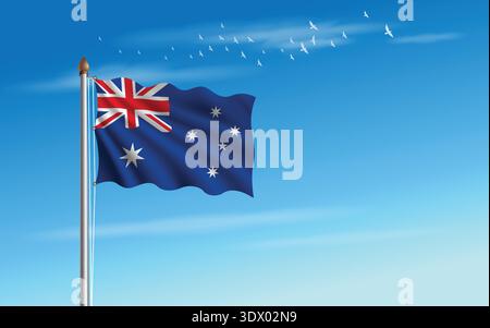 Australia flag flying in the sky against the backdrop of a flock of birds. Stock Vector