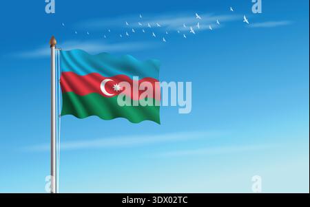 Azerbaijan flag flying in the sky against the backdrop of a flock of birds. Stock Vector