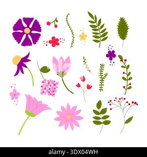 Set of colorful hand drawn floral elements including flowers, leaves, branches and berries isolated on white background. Stock Vector