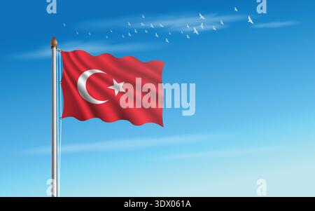Turkey flag flying in the sky against the backdrop of a flock of birds. Stock Vector