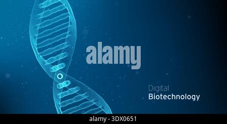 Abstract blue DNA molecule, double helix Technology illustration. Gene digital biotechnology futuristic concept. Biology genetic research backdrop. Stock Vector