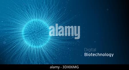 Abstract blue Virus Cell Cyber Technology illustration. Pathogen digital biotechnology futuristic concept. Biology innovative research backdrop. Stock Vector