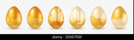 A set of realistic Easter eggs on a transparent background. A collection of smooth golden eggs. Stock Vector