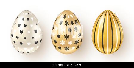 Easter set of gold and mother-of-pearl eggs with a shadow on a white background. Stock Vector