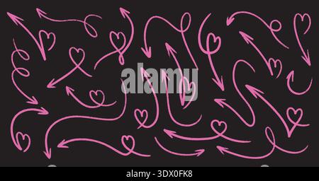 Hand drawn crayon heart arrow collection with pink marker doodles. Sketch style pointer icons Stock Vector