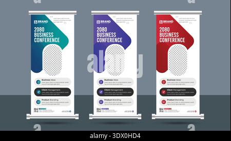 Creative minimal business conference roll up standee or x banner design layout template. Professional vertical rollup, pull up, flag-banner Stock Vector