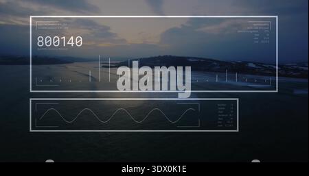 Displaying translucent HUD overlay centered over coast at sunrise, showing 800140 and sine-wave Stock Photo