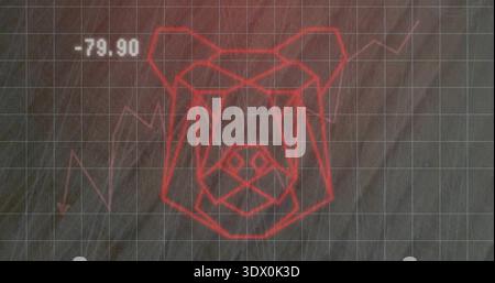 Displaying neon wireframe bear head centered on dark grid, showing jagged chart, -79 Stock Photo