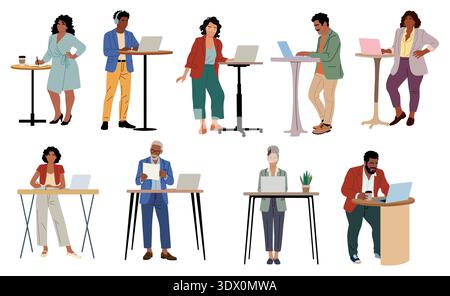 Set of business people working at standing desks Stock Vector