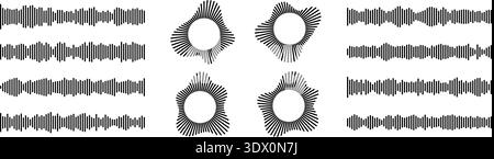 Sound wave collection with circular radial patterns and horizontal waveforms in black on white background. Stock Vector