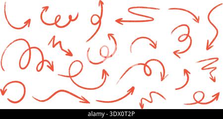 Red arrow set in crayon, chalk and pencil style with hand drawn pointer elements. Stock Vector