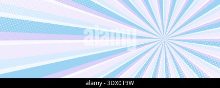 Pastel radial burst halftone abstract background showing soft blue and pink rays converging toward center, retro comic energy with subtle dotted Stock Vector