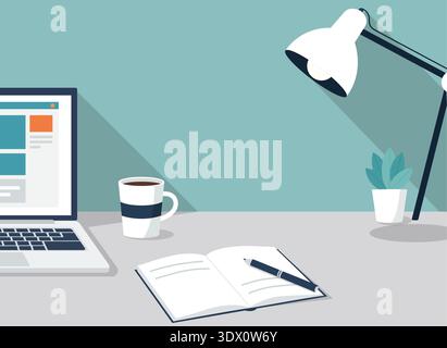 A minimalist close-up POV of a bright teal workspace. The illustration shows a clean white desk with an open notebook, a sleek white desk lamp, a lapt Stock Vector
