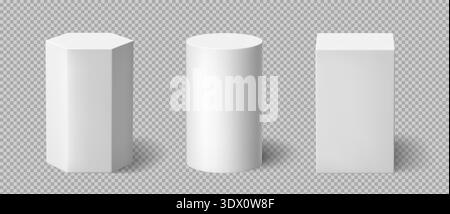 White 3D podium set of cylinder, hexagon and rectangle platforms. Stock Vector